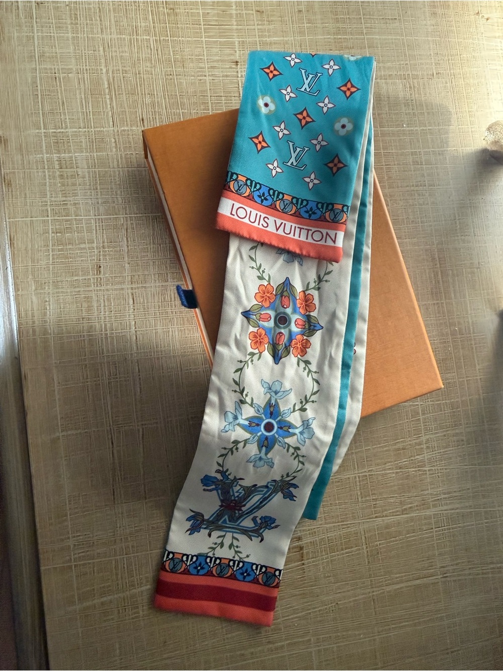 Louis Vuitton Turquoise, White & Coral Floral Silk Twilly